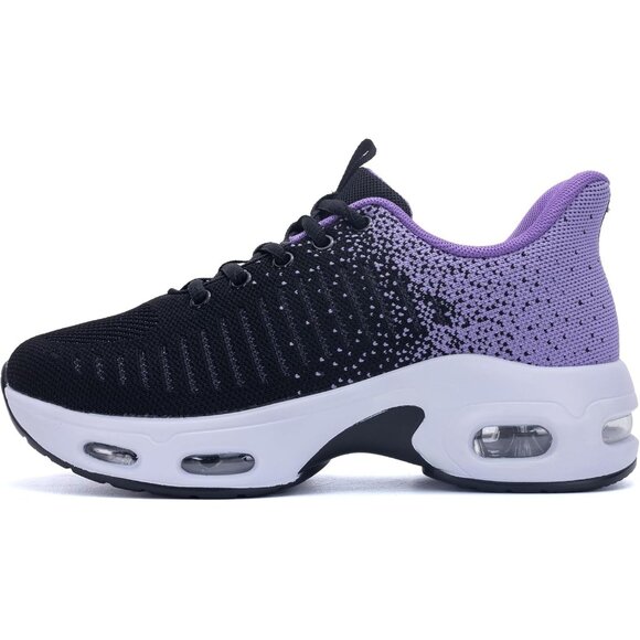 Women Black Purple Running Shoes Tennis Sneakers with Arch Support for Workout - Picture 2 of 6